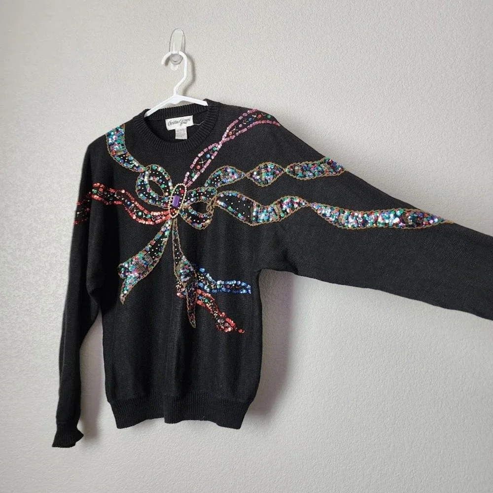 CHRISTINE GERARD 80s Glam Sequin Bow Jewel Sweater Holiday Party in‎ Black M